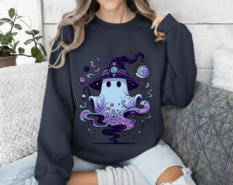 Halloween-shirt, Wizard Ghost Halloween-sweater, leuke griezelige seizoenstrui, retro paarse herfst ronde hals, gezellige Witchy Halloween-cadeau