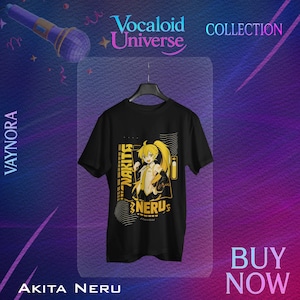 May include: Black t-shirt featuring Akita Neru from the Vocaloid Universe Collection. The design includes a yellow-haired anime character, the name "NAKITA" and "NERU" in yellow and white text. The shirt is hanging on a black hanger.