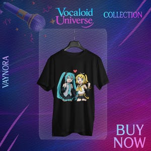 May include: Black t-shirt featuring two anime-style characters with blue and yellow hair. The shirt has the text "Vocaloid Universe Collection" and "Buy Now". The brand name "VAYNORA" is also visible.