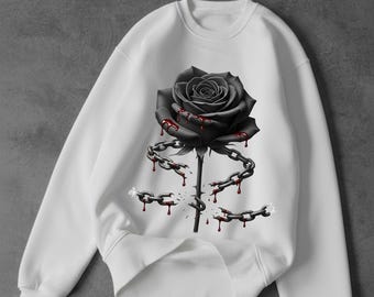 Gothic Black Rose Sweatshirt - Dunkle Ketten & Blood Rose Pullover, Gothic Streetwear, Einzigartiges Dark Fashion Geschenk