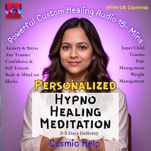 Può includere: Una donna è al centro di un'immagine dai toni viola, con testo sovrapposto. Il testo recita "Powerful Custom Healing Audio 15-Mins" e "Personalized Hypno Healing Meditation". Ulteriori testi elencano argomenti come ansia, traumi e gestione del peso. Il logo di Cosmic Help è in basso.