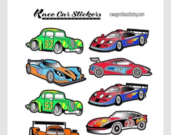 May include: A set of ten colorful race car stickers featuring different car designs and numbers. The stickers are perfect for adding a fun and sporty touch to any surface.