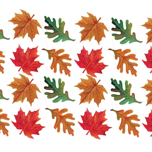 May include: A set of 24 fall-themed leaf cutouts in various shades of red, orange, yellow, and green. The leaves are arranged in a repeating pattern, creating a festive autumnal display.