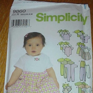 May include: Simplicity sewing pattern number 9860 for baby clothes. The pattern includes instructions for making a dress, a onesie, pants, and booties. The pattern is for sizes XXS, XS, S, and M.