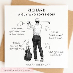 May include: A square greeting card featuring a black and white illustration of a golfer from behind. Text reads: RICHARD, A GUY WHO LOVES GOLF, HAPPY BIRTHDAY, and humorous annotations about golf habits with arrows pointing to the golfer and golf bag.