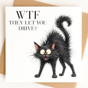 May include: A square greeting card featuring a black cat with wide, startled eyes and fur standing on end. The text printed in black on the white background reads: WTF THEY LET YOU DRIVE? The illustration shows the cat with a shocked expression.