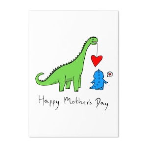 Cartão fofo de dinossauro para o dia das mães com corações - mamãe dinossauro e bebê