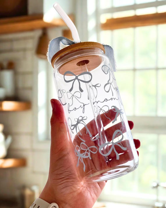 Bow Glass Cup | Girl Mom | Boy Mom | Christmas Gift | Baby Shower Gift | Glass Tumbler with Bamboo Lid and Glass Straw