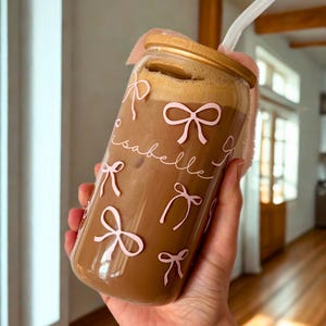 Bow Glass Cup | Girl Mom, Boy Mom, Personalized Tumbler with Bamboo Lid image 3
