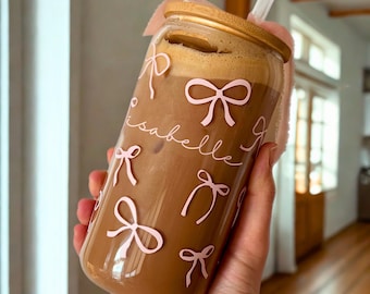 Personalized Glass Cup with Bows and Bamboo Lid | Custom Coquette Drinkware