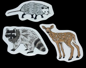 May include: Three die-cut stickers featuring illustrated wildlife: a gray opossum with a white face, a gray and black raccoon with a striped tail, and a brown fawn with white spots. Each animal is rendered in a hand-drawn style with visible lines.