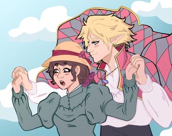 May include: A digital illustration featuring two figures in a sky setting. One figure wears a straw hat with a red ribbon and a teal long-sleeved dress. The other figure has blonde hair, pointed ears, and a pink and grey diamond-patterned cloak.