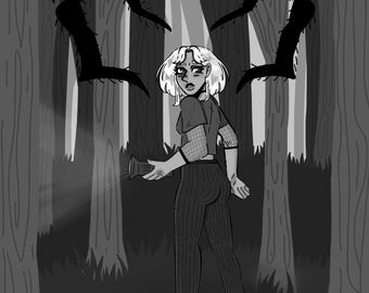 May include: A black and white digital illustration featuring a person with short hair wearing a short-sleeved top, mesh sleeves, and trousers, holding a flashlight in a forest. A large, dark, multi-legged creature looms overhead among the trees.