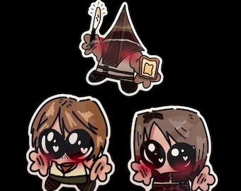 May include: Three cartoon stickers featuring a pyramid-headed figure holding a knife and a slice of toast, alongside two chibi-style characters with large, dark, heart-filled eyes, brown hair, and flushed cheeks, all outlined in white.