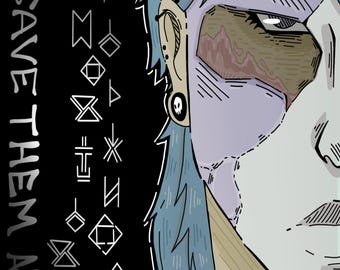 May include: Illustration of a character with blue hair and a facial injury. The artwork features the text "SAVE THEM ALL" in white on a black background, along with various symbols. The character has a skull earring.