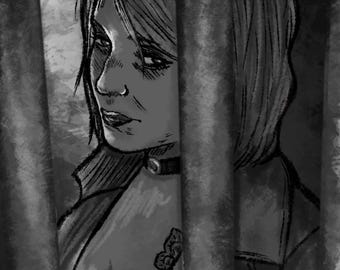 May include: A grayscale illustration of a person with short hair, a choker, and a tattoo on their chest. The person is partially obscured by vertical lines, creating a sense of confinement or observation. The artwork has a somber, introspective mood.