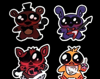 May include: Four cartoon stickers featuring stylized characters: a brown bear with a microphone, a purple rabbit with a red guitar, a red fox with an eye patch and hook, and a yellow bird holding a cupcake with the text LETS EAT on its bib.