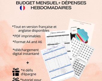 Printable Monthly Budget for Organizing Your Finances, Weekly Expense Tracker in French and English, PDF Planner in A4 and A6 Format