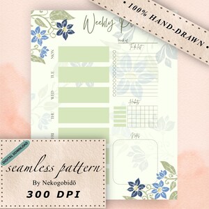 Peut inclure: Un planificateur hebdomadaire numérique avec un motif floral. Le planificateur comprend des sections pour chaque jour, une liste de tâches, un suivi des habitudes et des notes. Le design présente des fleurs bleues et le texte "Weekly Planner".
