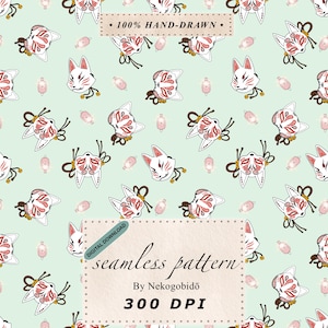 Motif Masque Kitsune Japonais Seamless - Illustration Folklore PNG pour Tissu au Mètre, Sublimation et Scrapbooking - Design Noir et Blanc