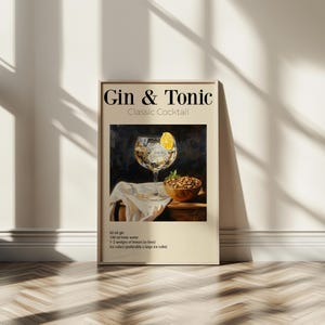 Gin-tonic-cocktailprint. Klassieke cocktail. Minimalistische cocktailtentoonstellingsposter. Home Bar Cart Decor Gin & Tonic-cocktail afdrukbaar