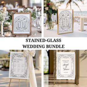 Könnte beinhalten: Ein Hochzeits-Bundle mit Designs im Glasmalerei-Stil. Enthält Tischnummern, einen Sitzplan und ein Willkommensschild. Die Schilder haben florale Ränder und den Text "STAINED-GLASS WEDDING BUNDLE". Auf dem Willkommensschild steht "Welcome to the wedding of Sarah & James 15.05.2025".