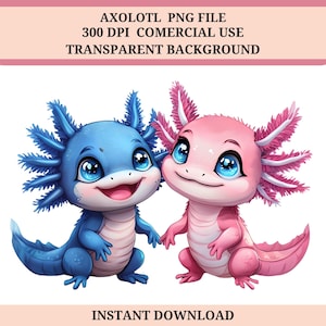 Cute kawaii Axolotl PNG, axolotl clipart, pink and blue sublimation design, digital, instant download, commercial use, two axolotls, 300 dpi