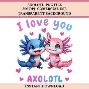 Cute kawaii Axolotl PNG, axolotl clipart, pink and blue sublimation design, digital, instant download, commercial use, two axolotls, 300 dpi