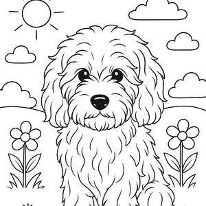 May include: Line art illustration of a fluffy dog sitting in a grassy field with flowers, clouds, and a sun. The dog has large eyes and a black nose. A coloring page suitable for children.