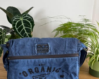 Handmade Vintage Canvas Shoulder Bag, Blue Cotton Crossbody Messenger Bag