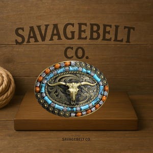 Pode incluir: Uma fivela de cinto dourada com um design de pedras turquesa e laranja. A fivela apresenta uma caveira com chifres e detalhes florais intrincados. O texto "SAVAGEBELT CO." é visível na fivela.