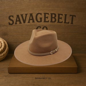 May include: A tan fedora hat with a wide brim and a light brown band secured with a silver buckle. The hat is displayed on a wooden surface with the text "SAVAGEBELT CO." in the background.