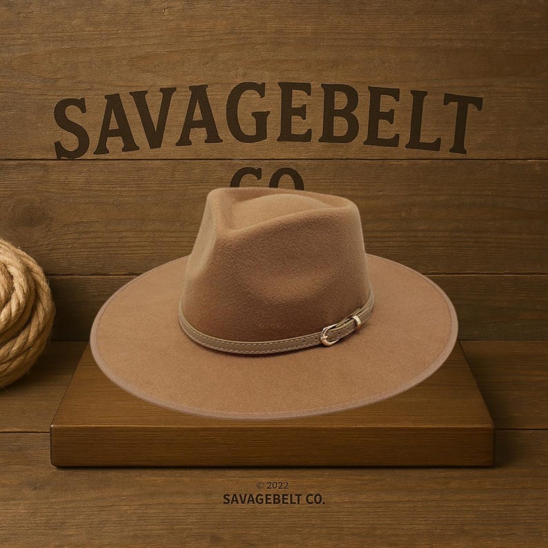 May include: A tan fedora hat with a wide brim and a light brown band secured with a silver buckle. The hat is displayed on a wooden surface with the text "SAVAGEBELT CO." in the background.