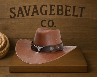 Faux Leather Cowboy Hat: Western Rodeo Style with Bull Head Band