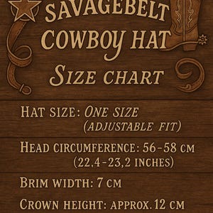 May include: A wooden sign with the text "SAVAGEBELT COWBOY HAT SIZE CHART". It includes hat size, head circumference (22.4-23.2 inches), brim width (7 cm), crown height (approx. 12 cm), and weight (130g).