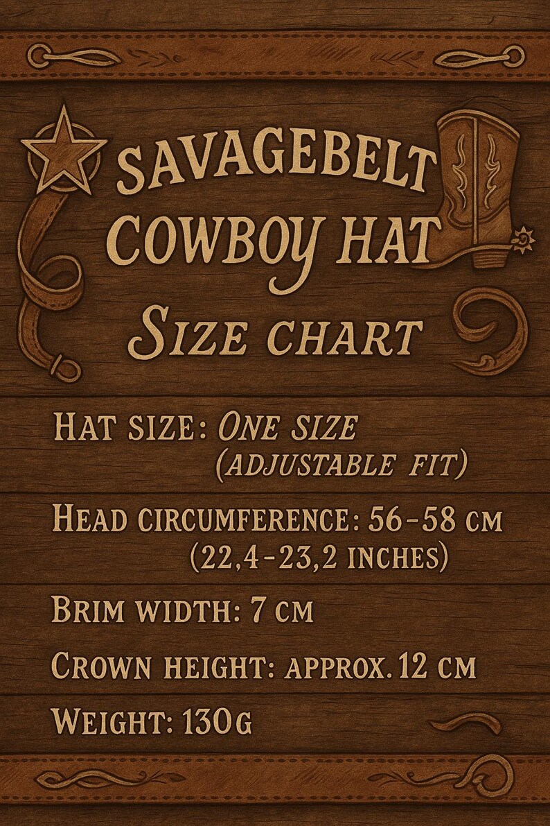 May include: A wooden sign with the text "SAVAGEBELT COWBOY HAT SIZE CHART". It includes hat size, head circumference (22.4-23.2 inches), brim width (7 cm), crown height (approx. 12 cm), and weight (130g).