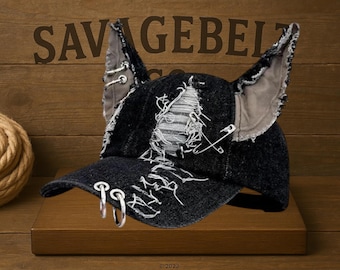 Y2K Grunge Cat Ear Hat, Handmade Distressed Denim Cap, Gothic Punk Pierced Ears Baseball Hat, Alt Aesthetic Streetwear Hat