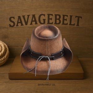May include: A brown straw cowboy hat with a brown leather band and a brown leather strap with a knot. The hat has a distressed look and the text "SAVAGEBELT CO." is printed on the bottom.