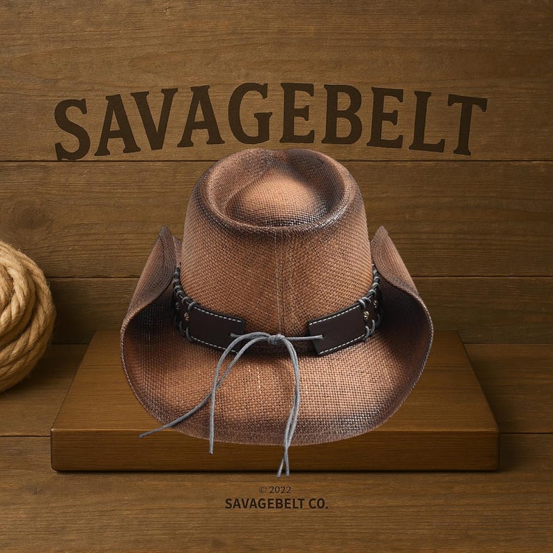 May include: A brown straw cowboy hat with a brown leather band and a brown leather strap with a knot. The hat has a distressed look and the text "SAVAGEBELT CO." is printed on the bottom.