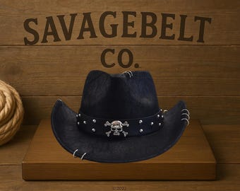 Skull Cowboy Hat for Men & Women – Western Punk Hat with Rings,Studs – Black or Brown Adjustable Faux Leather Look, Made of Polyester