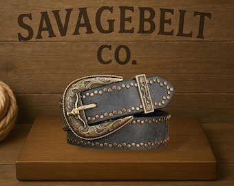 Handmade Western Leather Belt: Antique Brass Longhorn Buckle, Rivet Detail