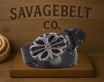 Men's Gothic Cross Buckle Belt – Studded PU Leather Western Belt
