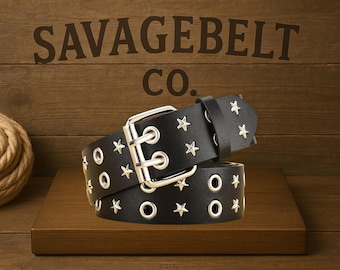 Y2K Punk Star Rivet Belt: Black PU Leather Double Eyelet Alt Belt