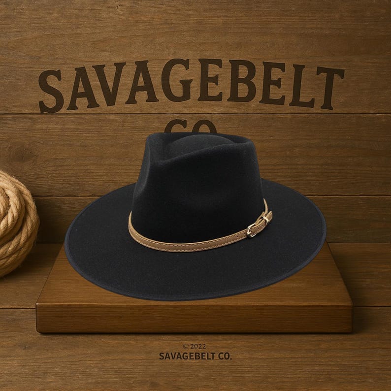 May include: A black fedora-style hat with a light brown band and buckle. The hat sits on a wooden surface, with the text "SAVAGEBELT CO." and "&copy; 2022 SAVAGEBELT CO." visible in the background.