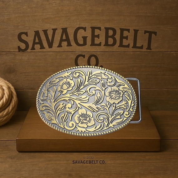 Antique Engraved Floral Belt Buckle Gift – Silver & Gold Two  display picture 1
