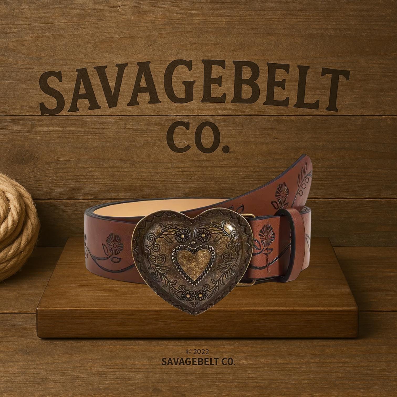 Heart Buckle Western Belt – Floral Engraved Y2K Cowgirl 