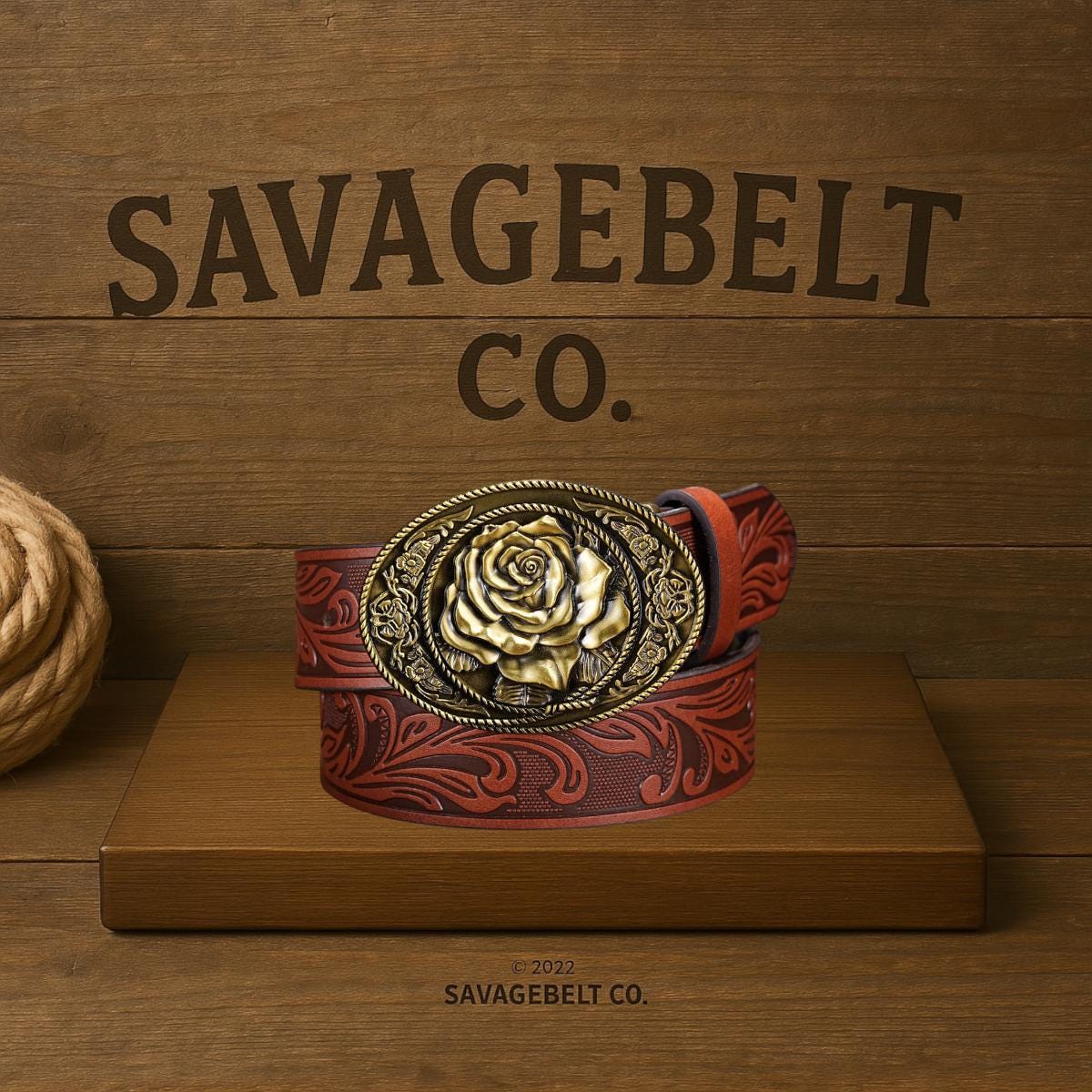 Floral Rose Buckle Western Belt – Tooled Leather Cowboy Belt for Men, Vintage Engraved Statement Rodeo Style Accessory
