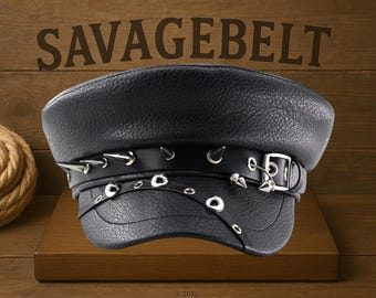 Punk Gothic Leather Hat, Spiked Studded Rivet Cap, Biker Rock Military Cadet Hat, Black Steampunk Festival Costume Hat