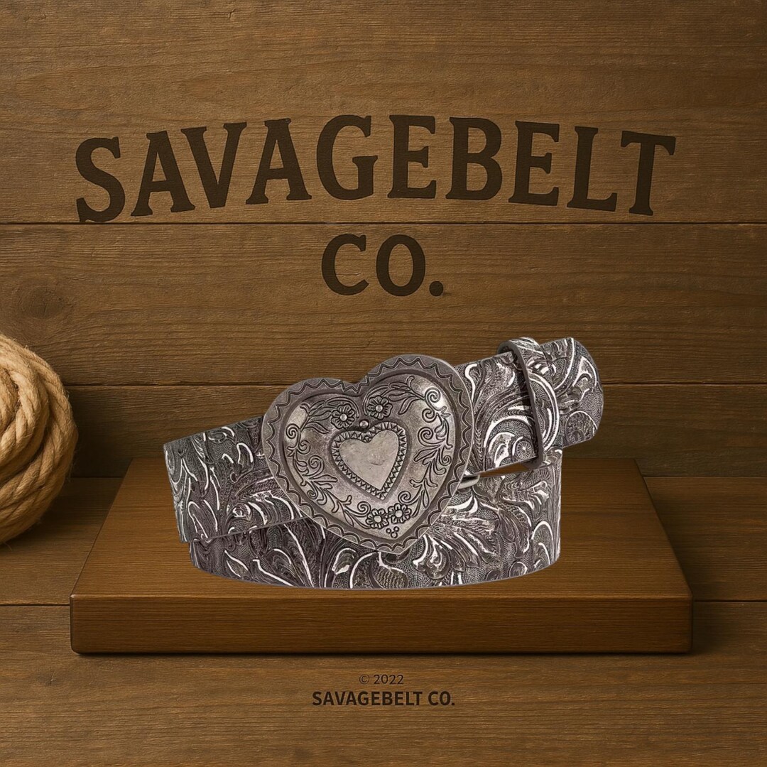 Heart Buckle Western Belt – Floral Engraved Y2K Cowgirl 