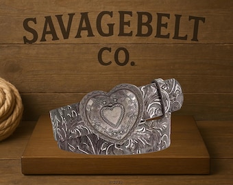Floral Embossed Heart Buckle Belt | Vintage Western Style - Etsy display picture 1